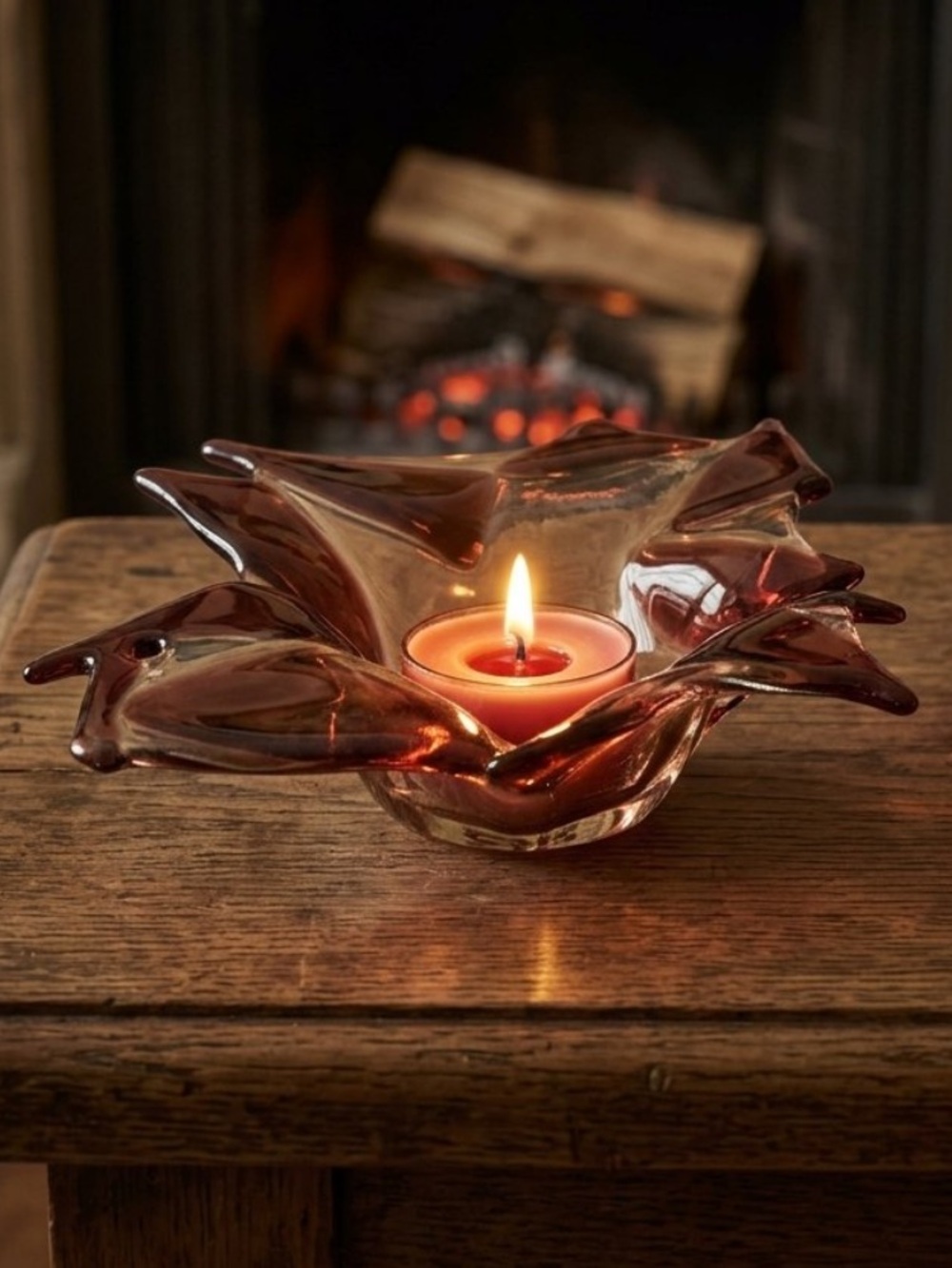 Fused Glass Tealight Holder
Clear and burgandy glass
